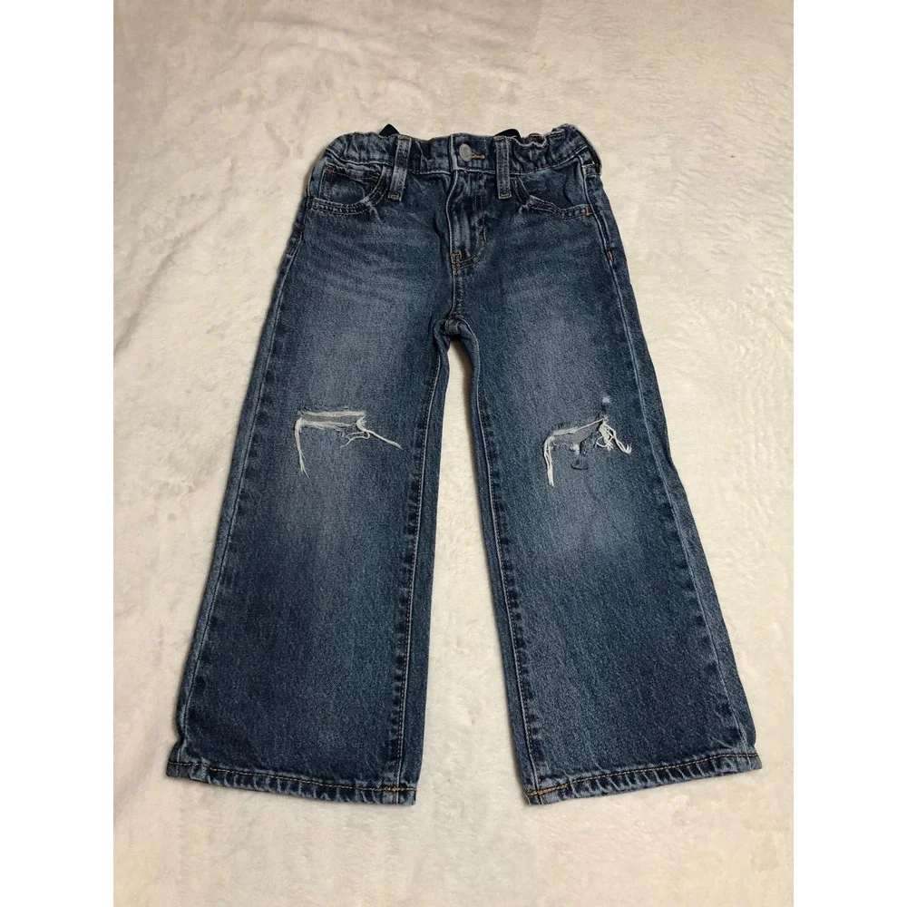5/$25 Old Navy Baggy Wide Leg Jeans Blue Distressed High Rise Built-In Tough